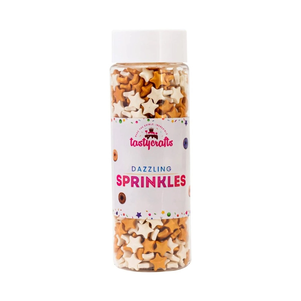 Tastycrafts Edible Star Shaped Sugar Sprinkles for Cake Decoration | Star Candy for Cake Decor | Sprinkles for Cake Decorations & Toppings | Cakes, Cupcakes, Waffles, Cookies - Gold, White Mix