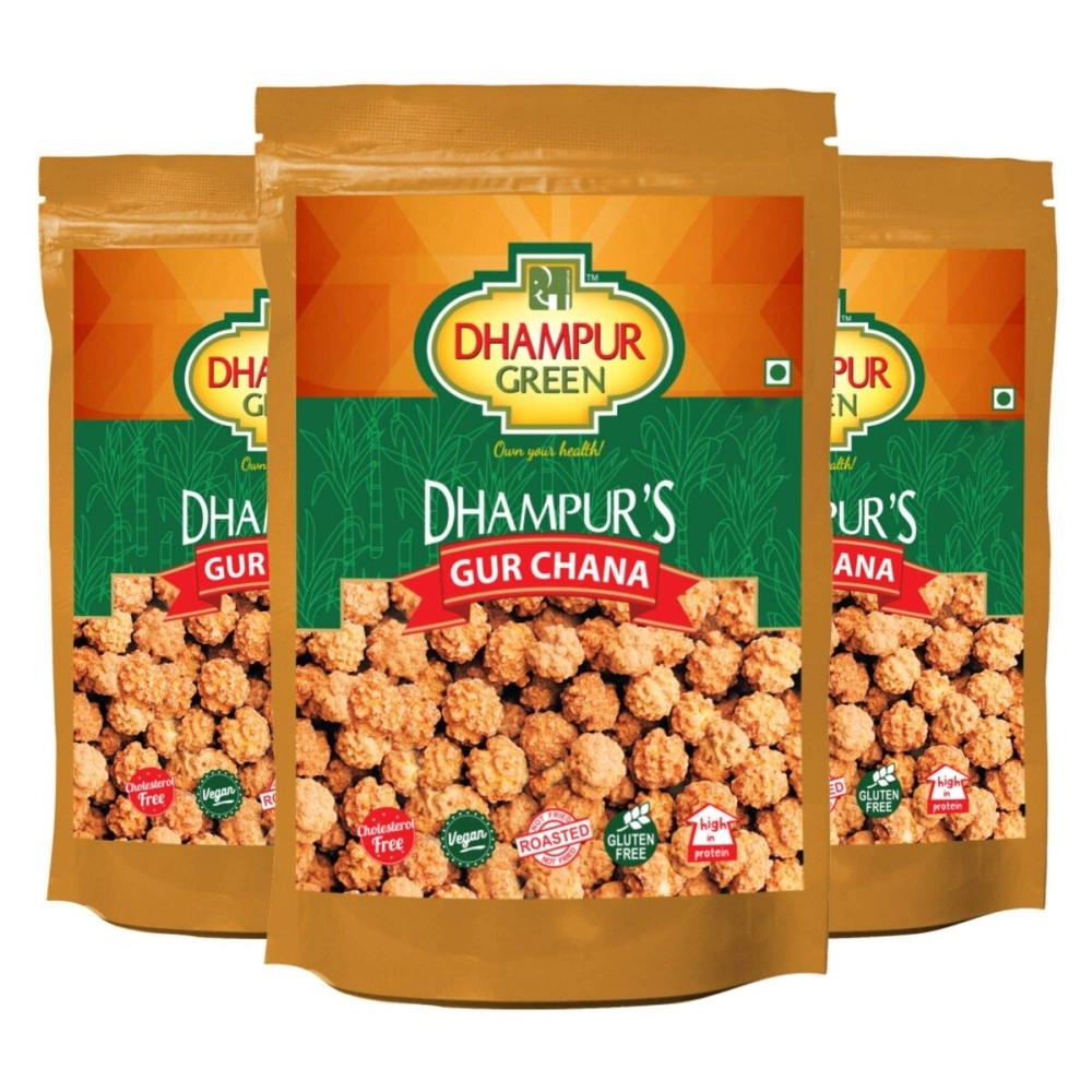 DHAMPURGREEN Gur Chana Roasted Chickpeas Snacks with Gur, Sugar Free Superfood Snack with Jaggery and Chana, 450G (3X150G)