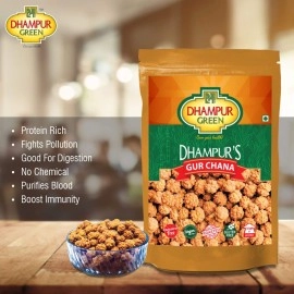 DHAMPURGREEN Gur Chana Roasted Chickpeas Snacks with Gur, Sugar Free Superfood Snack with Jaggery and Chana, 450G (3X150G)