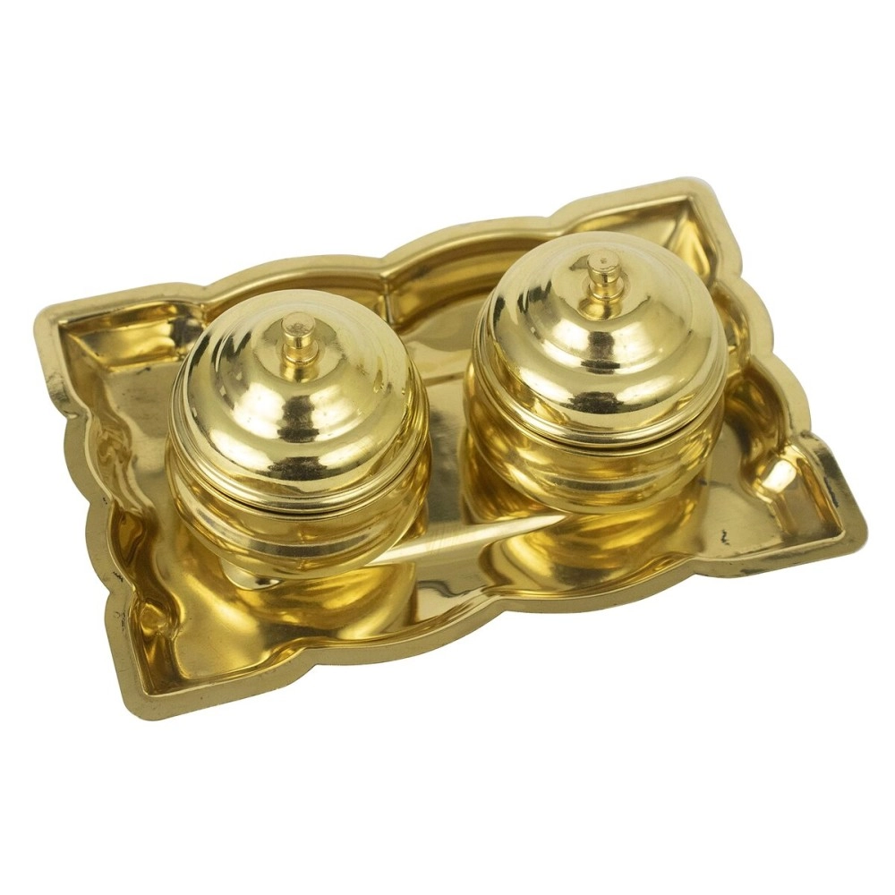 Spillbox Traditional Handcrafted Brass Thali Haldi kumkum Chandhan Holder Stand Plate with Lid for Pooja|Puja Rectangle Thali with Bowl|Brass Pooja Thali| Worship-Rectangle Leaf-2 Bowl