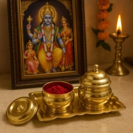 Spillbox Traditional Handcrafted Brass Thali Haldi kumkum Chandhan Holder Stand Plate with Lid for Pooja|Puja Rectangle Thali with Bowl|Brass Pooja Thali| Worship-Rectangle Leaf-2 Bowl