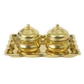 Spillbox Traditional Handcrafted Brass Thali Haldi kumkum Chandhan Holder Stand Plate with Lid for Pooja|Puja Rectangle Thali with Bowl|Brass Pooja Thali| Worship-Rectangle Leaf-2 Bowl