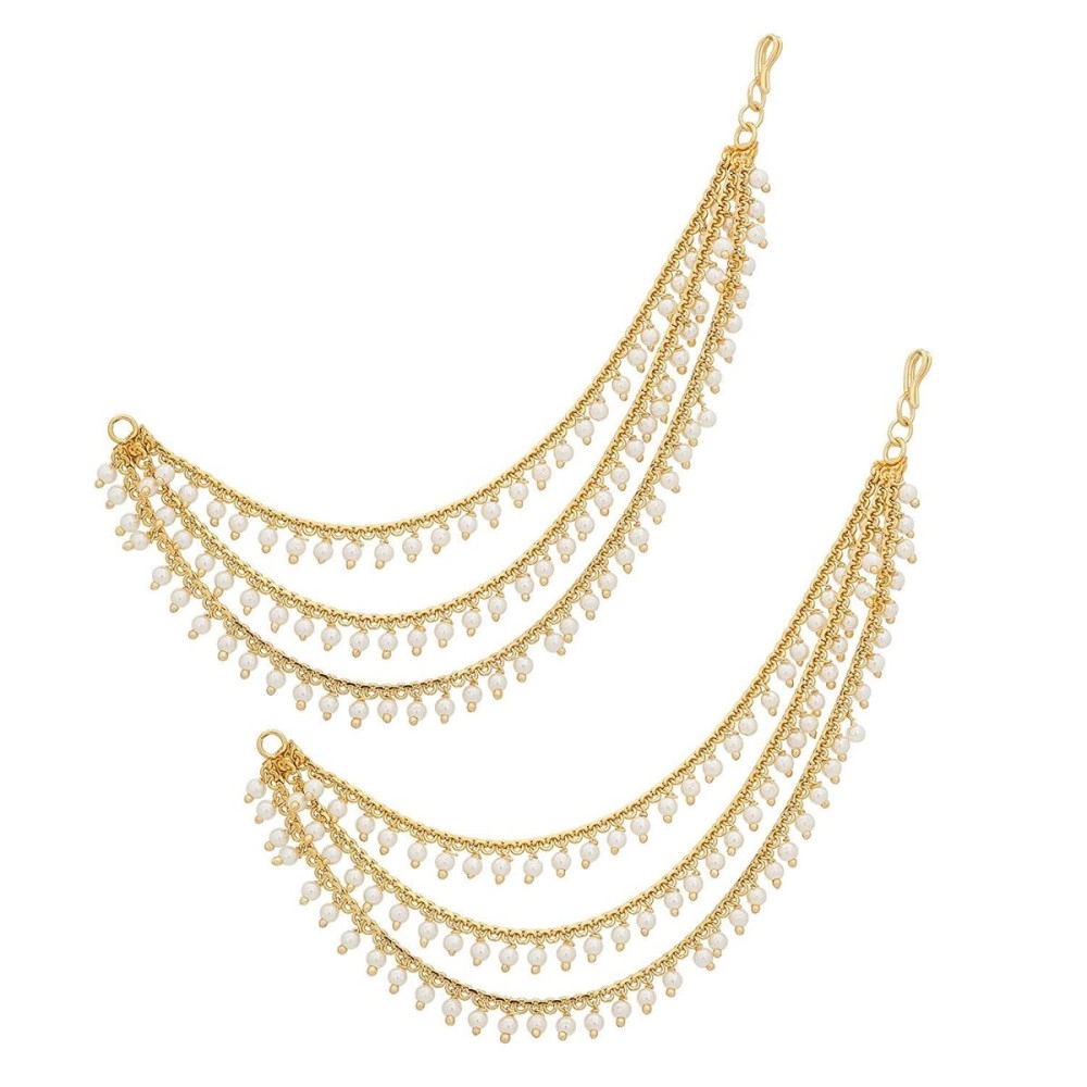 MEENAZ Brass copper Gold kanchain 3 layer long bridal wedding ear kan chain Champaswaralu earchains Ear Chains for Hair Jhumka Jhumki kanoti moti pearl Traditional Earrings for women girls Golden-M020