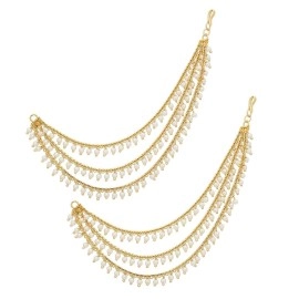 MEENAZ Brass copper Gold kanchain 3 layer long bridal wedding ear kan chain Champaswaralu earchains Ear Chains for Hair Jhumka Jhumki kanoti moti pearl Traditional Earrings for women girls Golden-M020