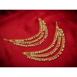 MEENAZ Brass copper Gold kanchain 3 layer long bridal wedding ear kan chain Champaswaralu earchains Ear Chains for Hair Jhumka Jhumki kanoti moti pearl Traditional Earrings for women girls Golden-M020