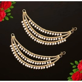 MEENAZ Brass copper Gold kanchain 3 layer long bridal wedding ear kan chain Champaswaralu earchains Ear Chains for Hair Jhumka Jhumki kanoti moti pearl Traditional Earrings for women girls Golden-M020