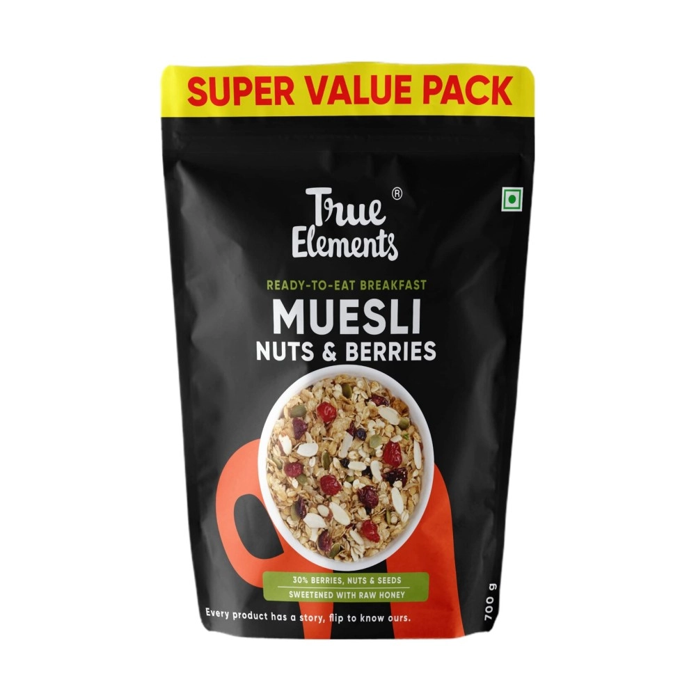 True Elements Muesli Nuts & Berries 700g - With 14% Millets, Almonds & Cranberries | Muesli Nuts Delight | Breakfast Cereal | 100% Wholegrain