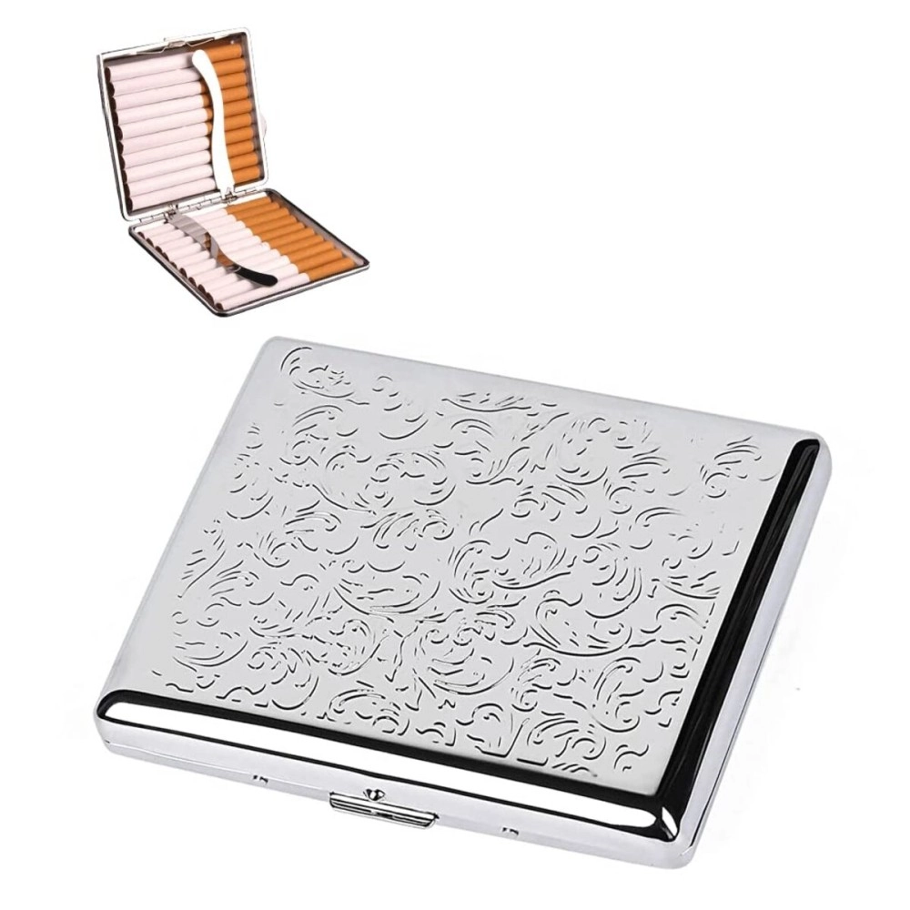 GUSTAVE Metal Cigarette Case - Double Sided Spring Clip Open Cigarette Box for 20 Cigarettes (Silver)