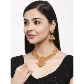 Shining Diva Fashion Latest Stylish Choker Traditional Temple Necklace Jewellery Set for Women (12086s), Golden, One