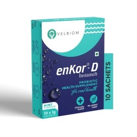 Velbiom EnKor-D Immunity Boosting Daily Probiotic for Oral Health Prevents Sore Throat, Cough, Oral Infections Prevents Bad Breath For Men and Women Clinically tested - 10 Sachets Pack, Mint Flavour