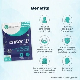 Velbiom EnKor-D Immunity Boosting Daily Probiotic for Oral Health Prevents Sore Throat, Cough, Oral Infections Prevents Bad Breath For Men and Women Clinically tested - 10 Sachets Pack, Mint Flavour