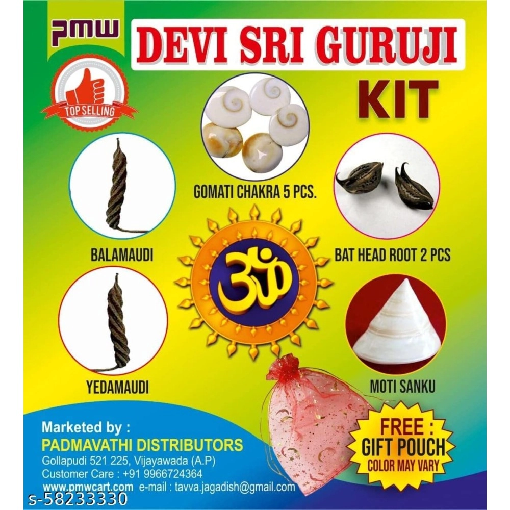 Pmw - Devi Sri Guru ji Kit- Devils Pod - 2 Pcs - Balamudi Yedamudi - 1 Each - Gomti Chakra -5 Pcs - 1 Sanku - 1 Pouch