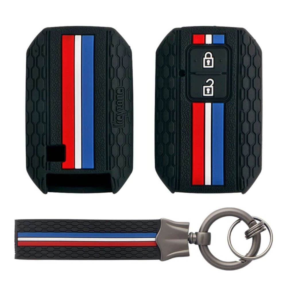 Keyzone Striped Silicone Key Cover Compatible for Suzuki Baleno, XL6, Grand Vitara, Swift, Ertiga, New Brezza 2022, Dzire (2 Button Smart Key, Black with Black Striped Keychain)