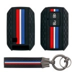 Keyzone Striped Silicone Key Cover Compatible for Suzuki Baleno, XL6, Grand Vitara, Swift, Ertiga, New Brezza 2022, Dzire (2 Button Smart Key, Black with Black Striped Keychain)