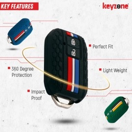 Keyzone Striped Silicone Key Cover Compatible for Suzuki Baleno, XL6, Grand Vitara, Swift, Ertiga, New Brezza 2022, Dzire (2 Button Smart Key, Black with Black Striped Keychain)
