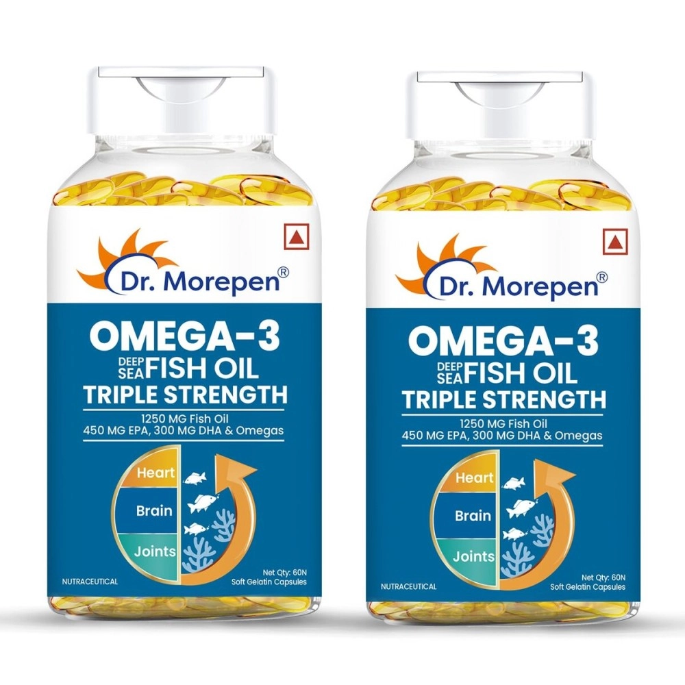 DR. MOREPEN Omega 3 Fish Oil, Triple Strength (1250 mg with 900 mg DHA & EPA) | High Potency Fish oil for Heart Health, Brain & Joint Support | pack of Two - (120 softgels)