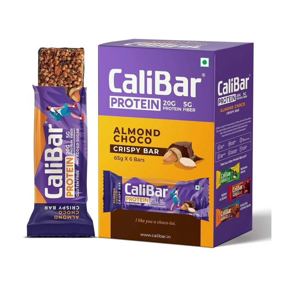 CaliBar 20 Gram Protein Bar - Almond Choco Crispy Bar No Added Sugar, Gluten-Free, 5 Gram Fiber, No Preservatives, Delicious Taste & 100% Veg Whey & Plant Based Protein (6 Bars)