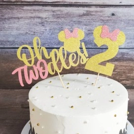 FestikoOh Twodles Minnie Cake Topper Mouse Second 2nd Birthday Party Supplies Decorations for Baby Pink Girl Bday