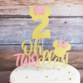 FestikoOh Twodles Minnie Cake Topper Mouse Second 2nd Birthday Party Supplies Decorations for Baby Pink Girl Bday