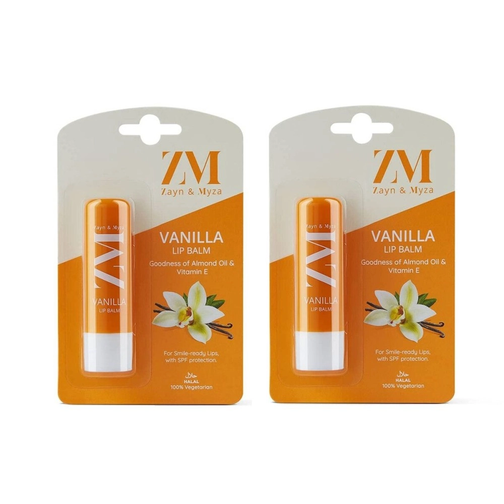 ZM Zayn & Myza Vanilla Lip Balm - SPF Protection With Almond Oil & Vitamin E, Goodness of Jojoba Oil, Moisturizes and Repairs Dry Lips - PABA-free, 100% Vegetarian, 4.5 g (Pack of 2)