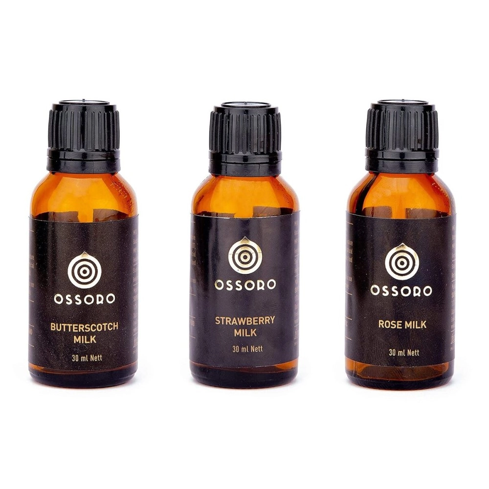 Ossoro Rose Milk, Strawberry Milk with Butterscotch Milk Flavour Combo (Pack of 3) 30ml Each/ Glass Bottle