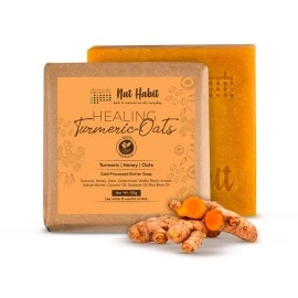 Nat Habit Handmade Healing Turmeric-Oats Butter Bath Soap With Cold Processed For Natural Exfoliation, Acne, Brightening, Skin Health & Tan Removal (125gm)