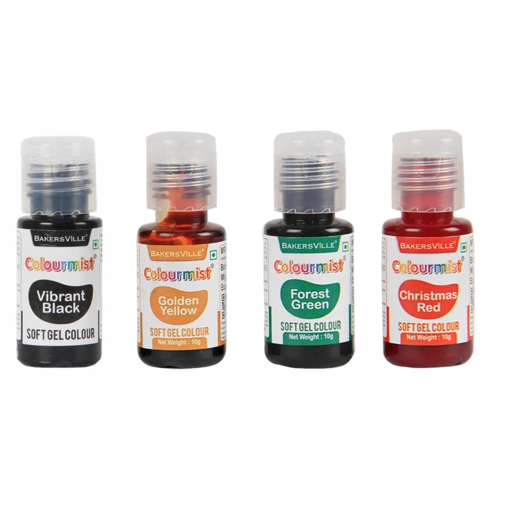 Colourmist Soft Gel Paste Food Color Christmas Assorted 10g each, Pack of 4 Colours (Christmas Red, Forest Green, Golden Yellow, Vibrant Black) Edible Gel Colour For Fondant, Dessert, Baking - BV 3044