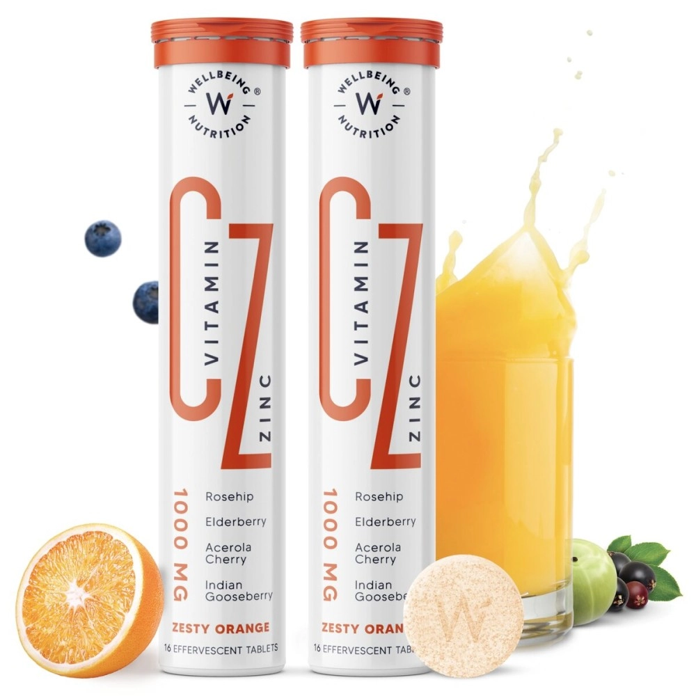 Wellbeing Nutrition Vitamin C + Zinc | Natural and Organic Immunity Booster | 100% RDA | 1000mg Vitamin C (32 Effervescent Tablets)(Pack Of 2)