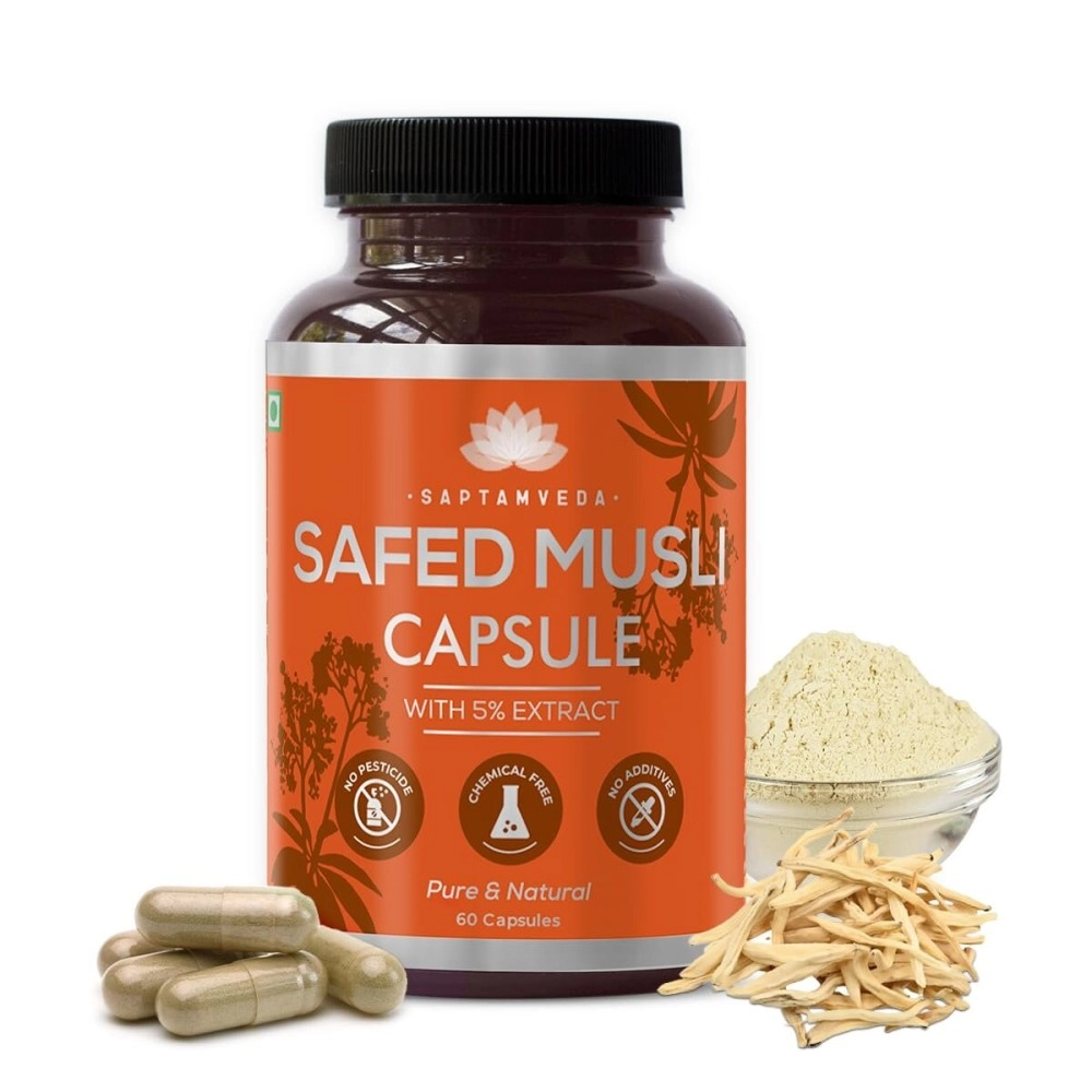 SAPTAMVEDA Natural Safed Musli Veg Capsules, 500 MG Each with Extract 60 Capsules (Pack of 1)
