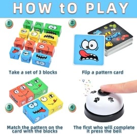 varbertos Wooden Face Changing Magic Cube Game, Expression Puzzle Building Blocks Pattern Matching Game, Educational Puzzles Toy Board Games for Kids and Adults with Bell