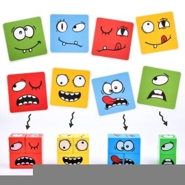 varbertos Wooden Face Changing Magic Cube Game, Expression Puzzle Building Blocks Pattern Matching Game, Educational Puzzles Toy Board Games for Kids and Adults with Bell