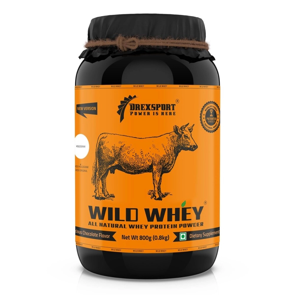 DREXSPORT Wild Whey Protein Powder - Chocolate - All-Natural Blend Based on Whey Protein Isolate - 1kg Jar (800g Net) - Premium A2 Grass-Fed Whey from Organic Farms