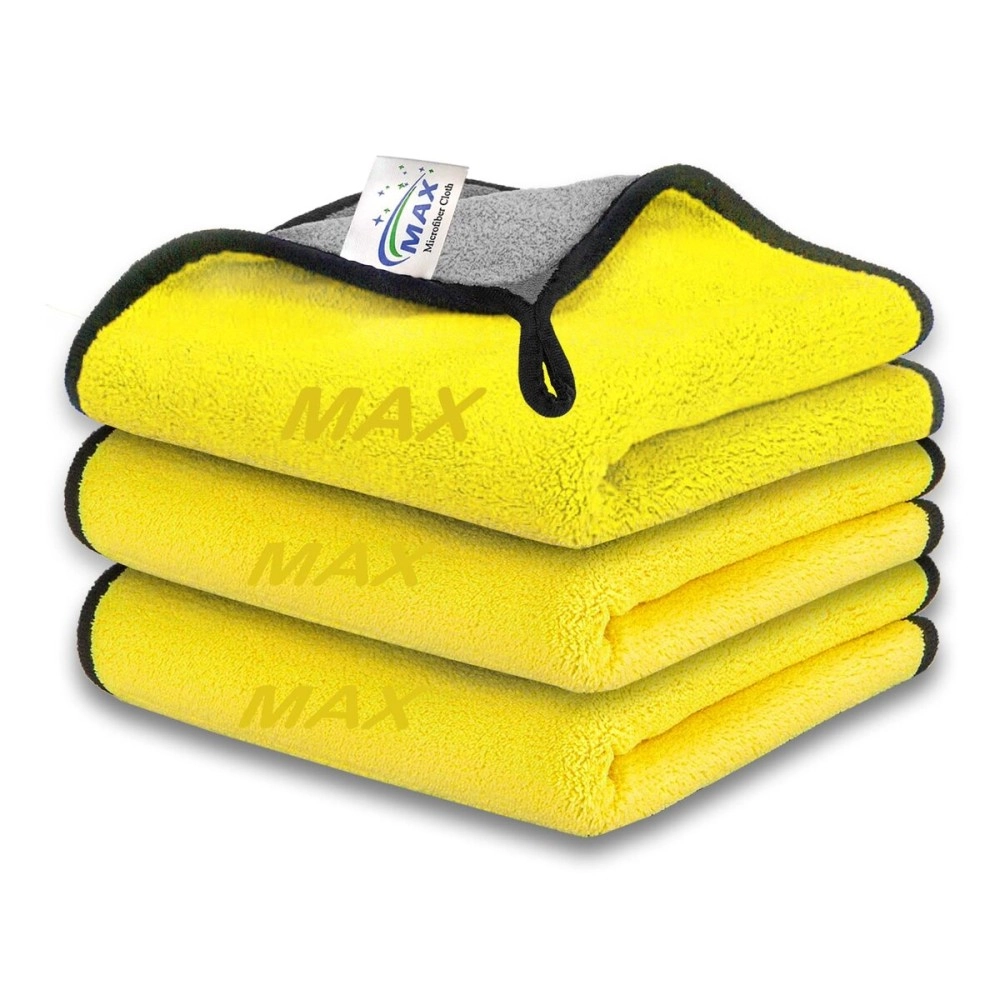 MAX Microfiber Cloth for Car Cleaning (800 GSM, Pack of 3, Size: 30 x 40 cm) Double Sided, Extra Thick Plush Towel for Car Detailing, Cleaning, Washing and Polishing, Color: Yellow/Grey