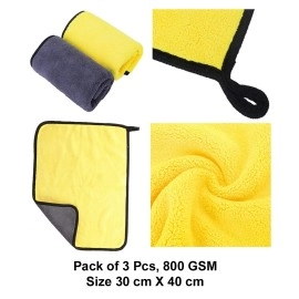 MAX Microfiber Cloth for Car Cleaning (800 GSM, Pack of 3, Size: 30 x 40 cm) Double Sided, Extra Thick Plush Towel for Car Detailing, Cleaning, Washing and Polishing, Color: Yellow/Grey