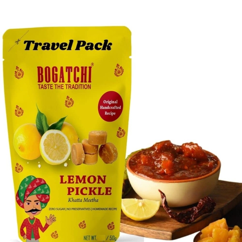 BOGATCHI Sweet Lemon Pickle - Nimbu ka Achaar meetha - Handcrafted Original Pickle - Original Rajasthani Achaar - No Preservatives - No Artificial Color - Natural Ingredients - Travel Pack, 50g