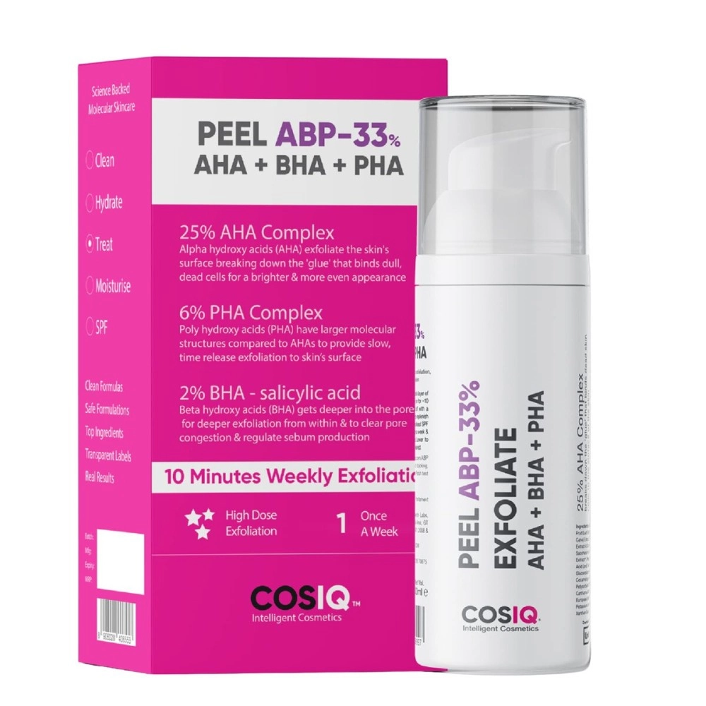 Cos-IQ 25% AHA + 2% BHA + 6% PHA Peeling Solution for Face | 10-Minute Facial | Chemical peel for face for glowing skin | Exfoliating serum| Men & Women | At-home facial | 30ml