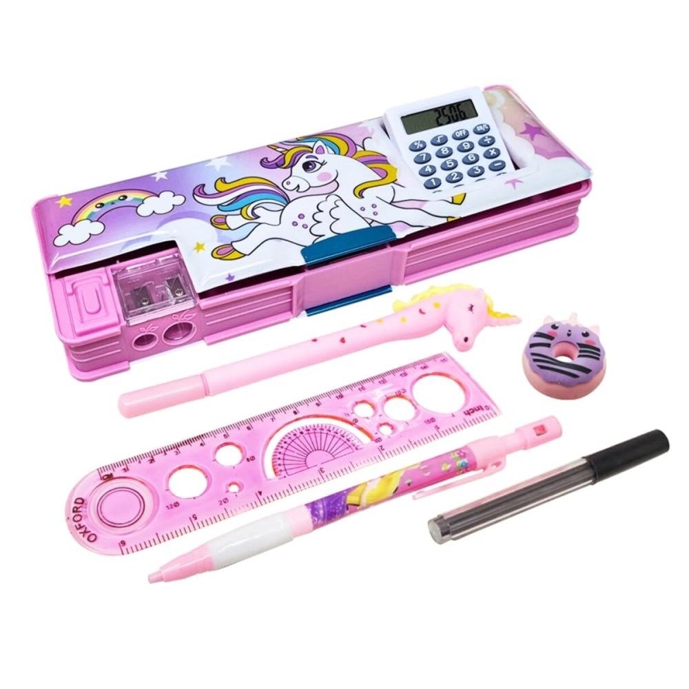 PARTEET Kids Stationery Combo of 1 Plastic Pink Pencil Box with Calculator, 1 Unicorn Pen, 1 Lead Pencil with Extra Lead, 1 Scale and 1 Eraser (Assorted Design)