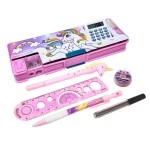 PARTEET Kids Stationery Combo of 1 Plastic Pink Pencil Box with Calculator, 1 Unicorn Pen, 1 Lead Pencil with Extra Lead, 1 Scale and 1 Eraser (Assorted Design)