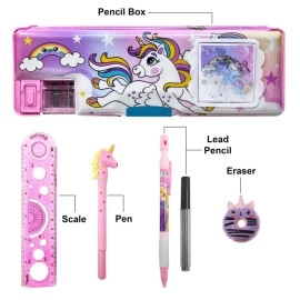 PARTEET Kids Stationery Combo of 1 Plastic Pink Pencil Box with Calculator, 1 Unicorn Pen, 1 Lead Pencil with Extra Lead, 1 Scale and 1 Eraser (Assorted Design)