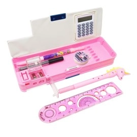 PARTEET Kids Stationery Combo of 1 Plastic Pink Pencil Box with Calculator, 1 Unicorn Pen, 1 Lead Pencil with Extra Lead, 1 Scale and 1 Eraser (Assorted Design)