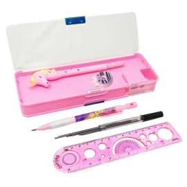PARTEET Kids Stationery Combo of 1 Plastic Pink Pencil Box with Calculator, 1 Unicorn Pen, 1 Lead Pencil with Extra Lead, 1 Scale and 1 Eraser (Assorted Design)