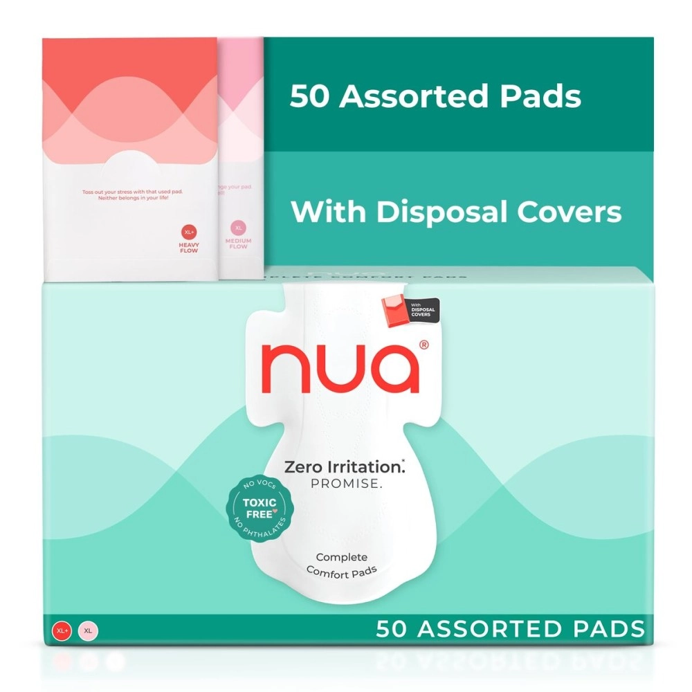 Nua Sanitary Pads For Women | Safe on Skin | Toxic-Free & Rash-Free | Unscented | 50 Ultra Thin Pads | 2 sizes in 1: Heavy Flow-XL+ & Medium-XL | Leakproof | With 50 Paper Disposal Pouches| Bulk Pack|