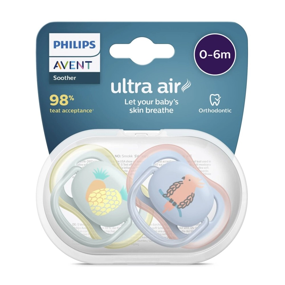 Philips Avent Ultra Air Pacifier 2 Pack - BPA-Free Dummy for Babies from 0-6 Months (Model SCF085/12) Parrot/Pineapple