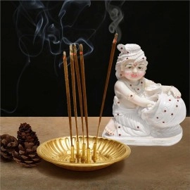 Pure Source India Brass Incense Sticks Holder, Agarbatti Stand with Ash Catcher, 4 Inch, Gold(Round)