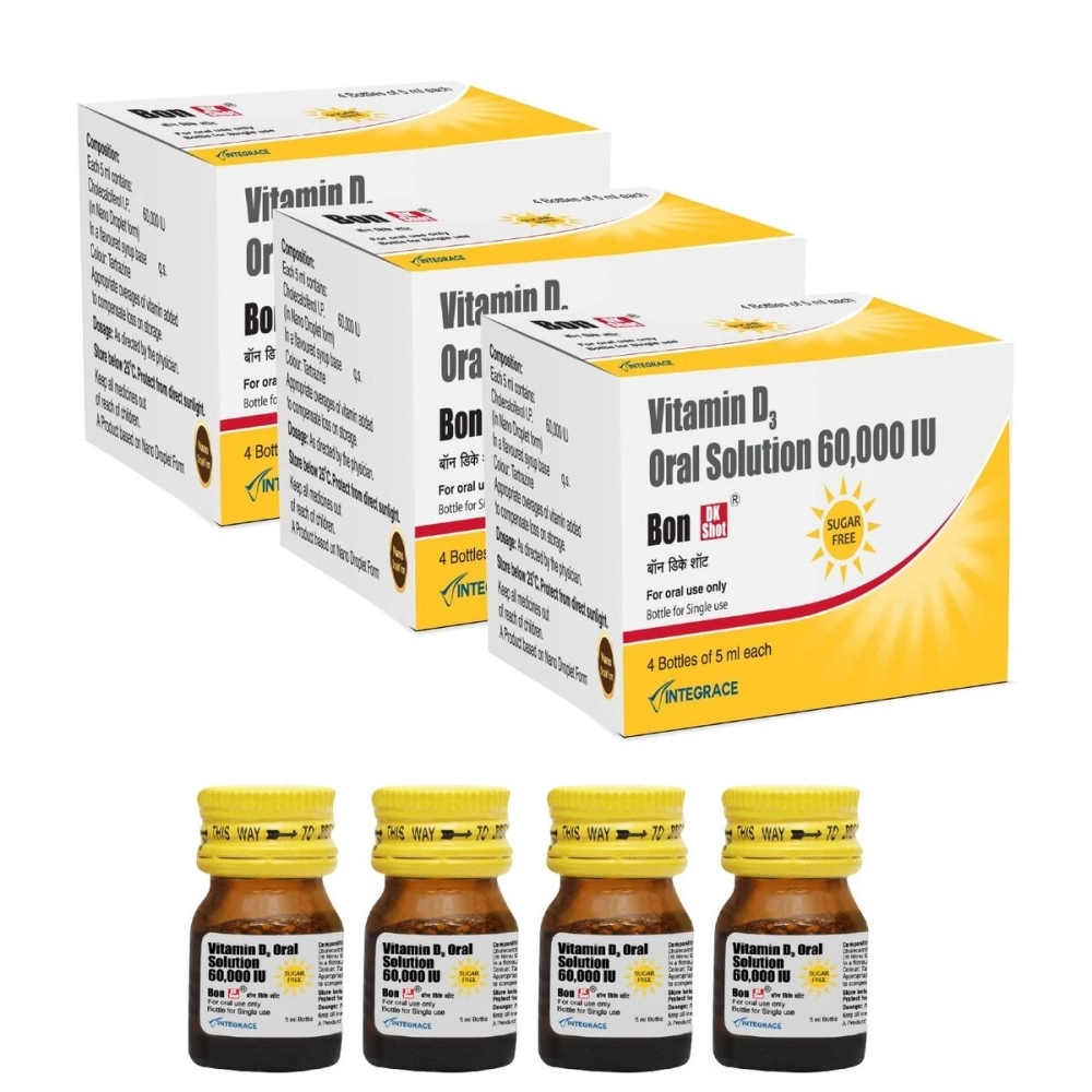 Bon Dk Shot Sugarfree Vitamin D3 Oral Solution(12 Shots Of 5Ml Each) Sugar Free Shot With Pineapple Flavour Syrup, 1 Count