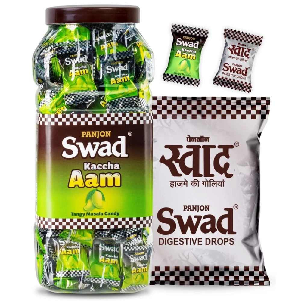 Swad Kaccha Aam Candy (Chatpata Pulse Masala) 200 Toffee Jar & Swad Original 50 Toffee Pack, 2 units