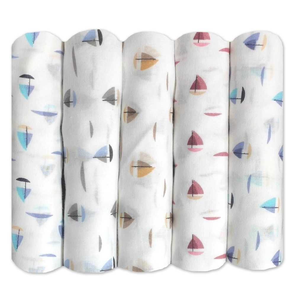 Trance Home Linen Super Soft Cotton Malmal Swaddle Cloth | Single Layer Swaddle Wrap | Multipurpose Baby Blanket (100 x 100 cm, White Boats-Pack of 5 Pc)