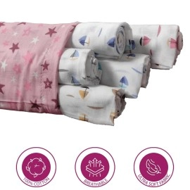Trance Home Linen Super Soft Cotton Malmal Swaddle Cloth | Single Layer Swaddle Wrap | Multipurpose Baby Blanket (100 x 100 cm, White Boats-Pack of 5 Pc)