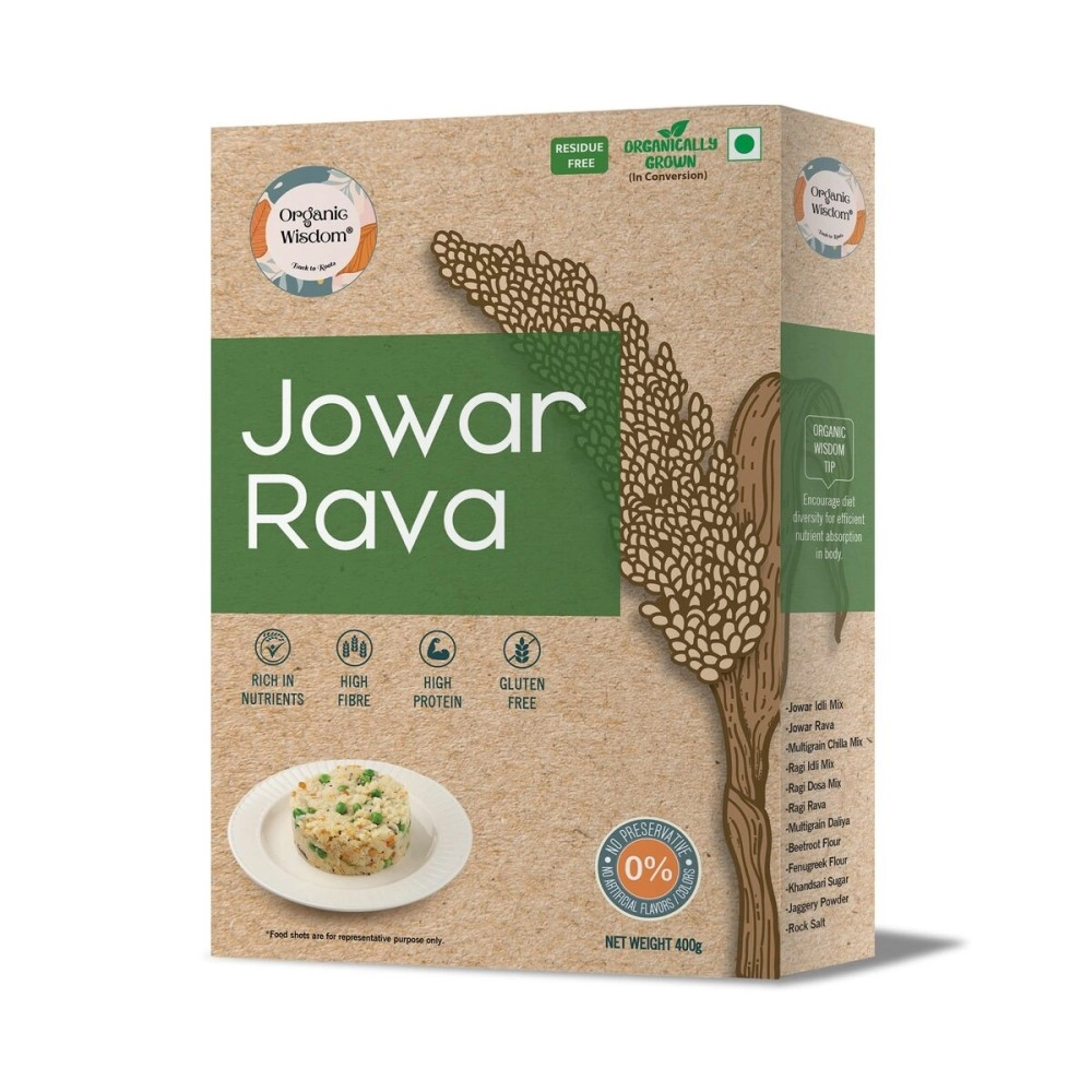 ORGANIC WISDOM-Back to Roots Jowar Rava (Millet Rava) 400 grams| Gluten Free |Healthy Breakfast | Rich In Protein & Fiber| | Natural Farming & Stone Grounded|Diet Food