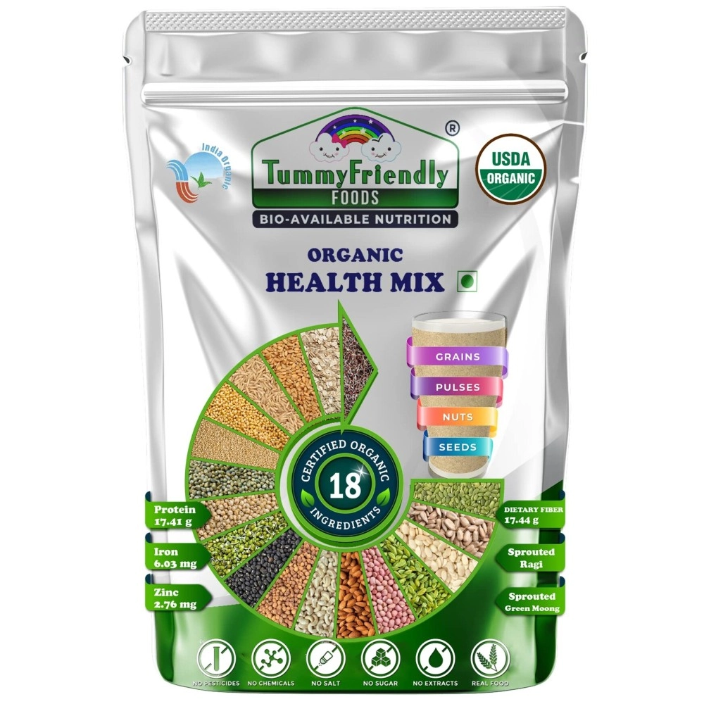TummyFriendly Foods USDA Organic Health Mix Powder For Adults Organic | Multigrain Mix Powder For Adults and Kids | Health Mix Powder For Women and Kids with Sprouted Ragi Powder, Green Moong, Oats,